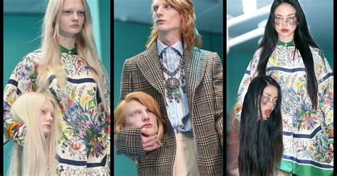 replica of a severed head like the gucci runway show|Gucci show features models carrying severed heads .